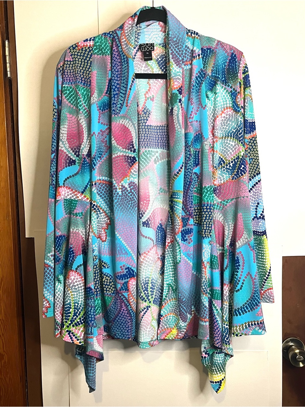 Clara Sun Woo Women’s Size XL Multicolor Sequin Print Open Front Drape Cardigan